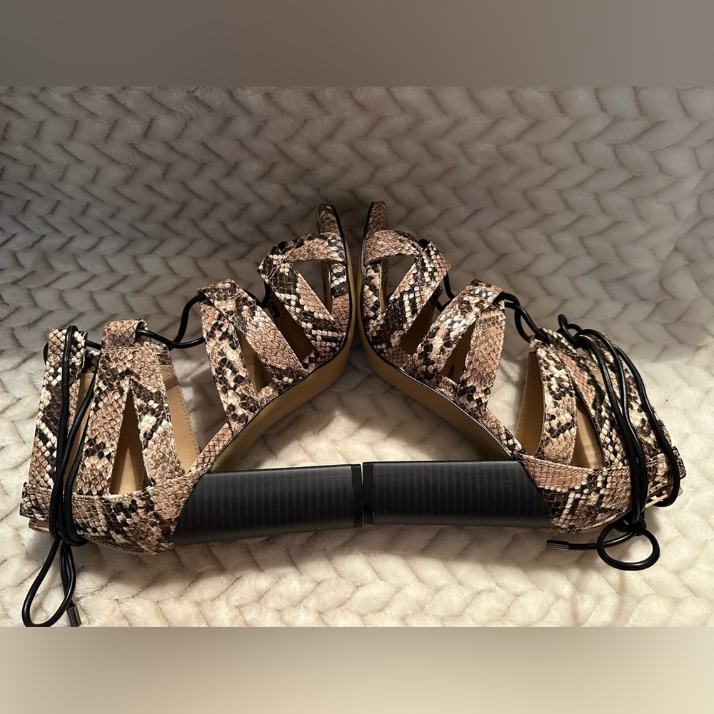 Express Snakeskin Pattern Lace Up Block Heels - image 4